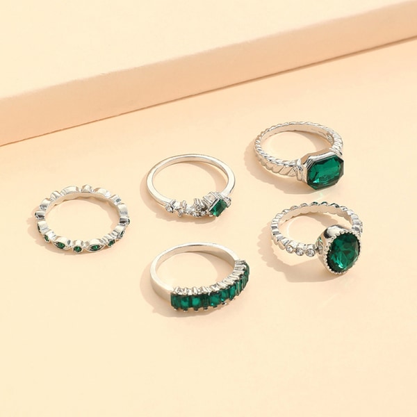 5 stk grønne krystallringer for kvinner Geometrisk innlagt diamant Silver
