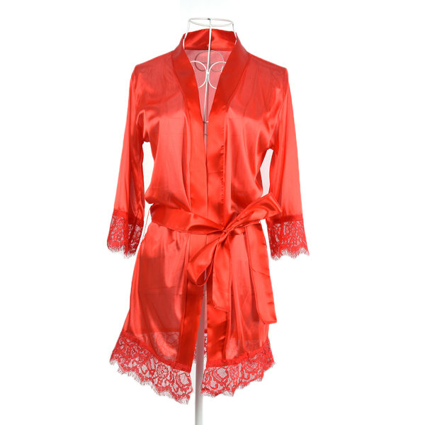 Kvinder blonder lang brud Kimono robe satin silke nat dressing Red S