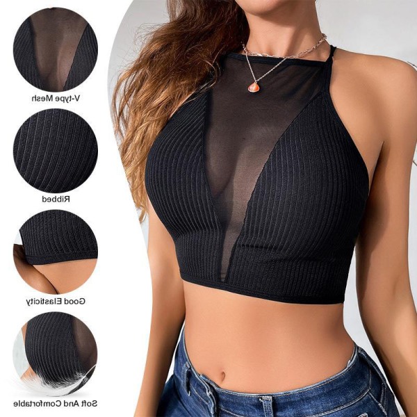 Sexy Mesh Crop Top Kvinner Casual Tank Top Vest Bluse Ermeløs Black XS