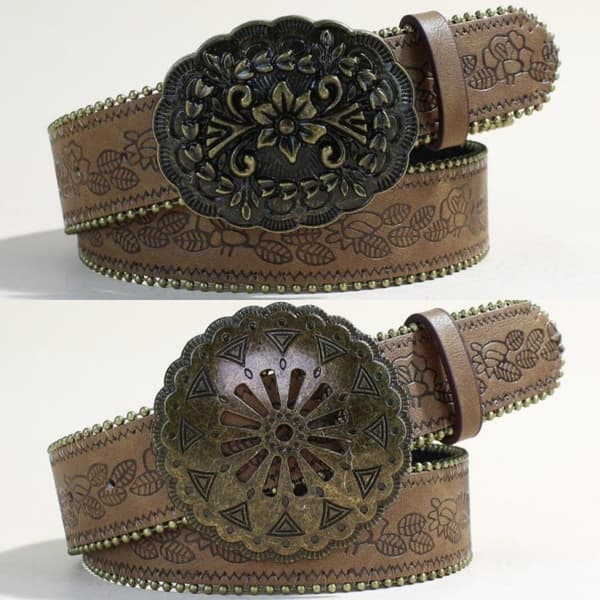 Vintage utskåret spenne PU brede belter Boho brunt preget midjebelte A11