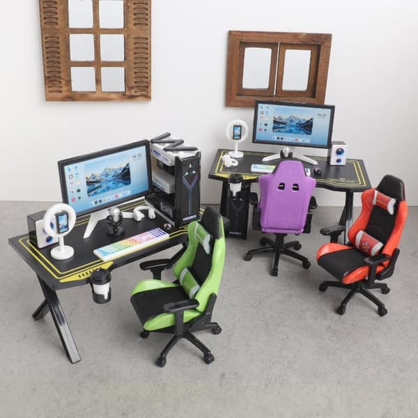 Mini Gaming Skrivbordsstol Set 1/12 Dockhus Datorbord Skärm Purple