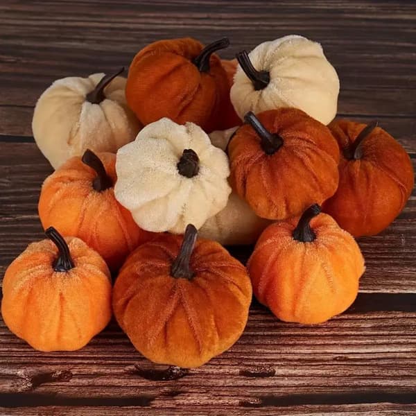 9 stk. fløjl, kunstig høststofskumgræskar til Halloween efterår A1