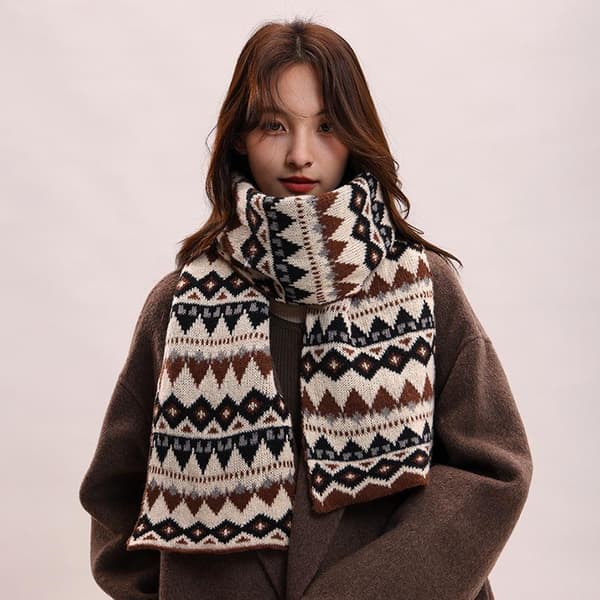 Vinter Jacquard Strikket Skjerf for Kvinner Retro Tykkere Varm Ull A4