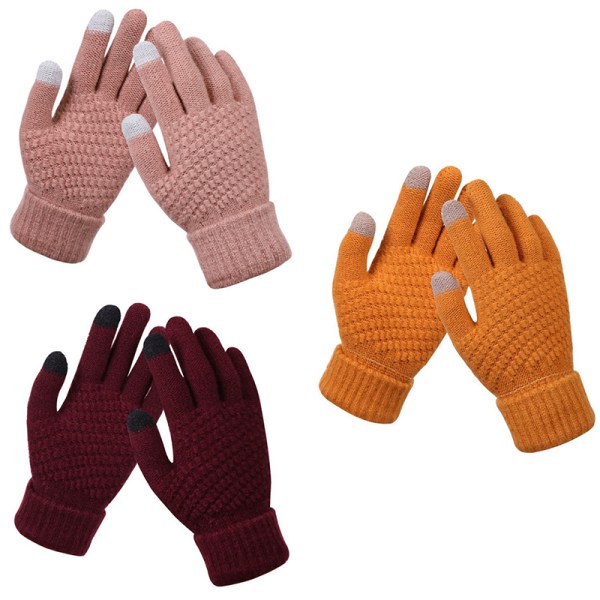 Varma vinter Touch Handskar Stretch Stickade Vantar Ull Full Finger Wine red