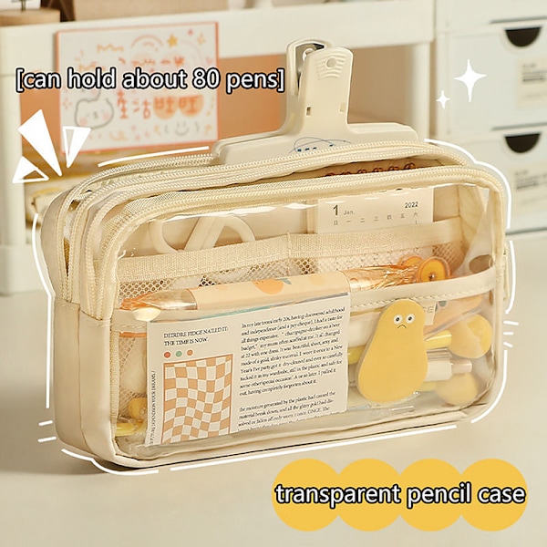 Läpinäkyvä kynälaukku, suuri kapasiteetti case , paperitavaralaatikko S Beige