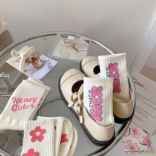 Pink Flower Dame Sokker Mode og Sweet Harajuku Bomuldsstrømper C A3