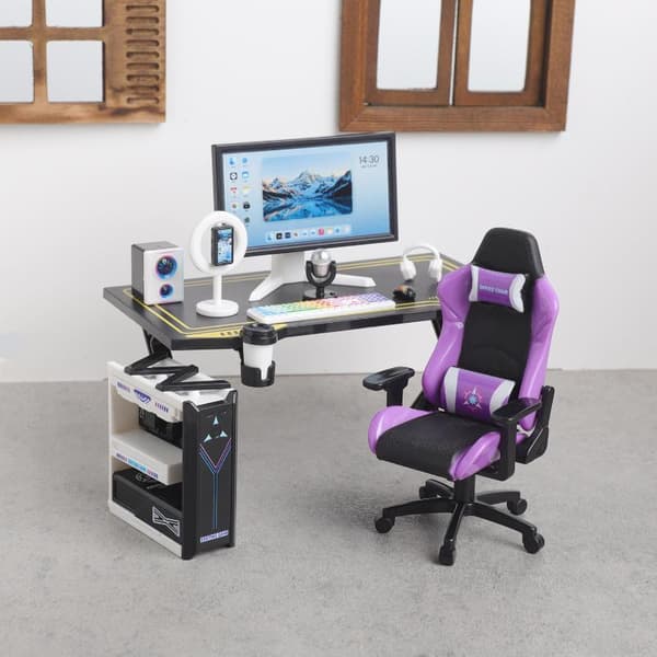 Mini Gaming Skrivbordsstol Set 1/12 Dockhus Datorbord Skärm Purple