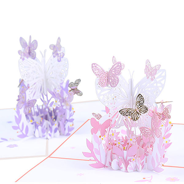 Lilla sommerfugl bursdag pop-up kort Butterfly blomsterkurv 3 Pink