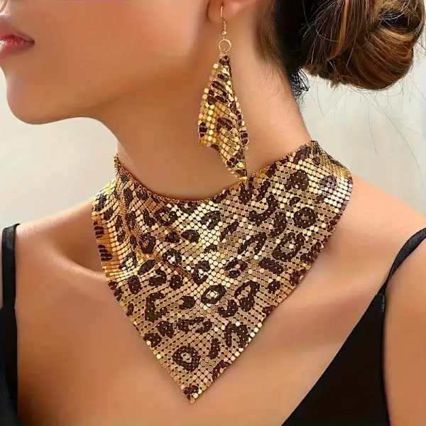 Mode Leopard Paillet Choker & Øreringe Sæt Skinnende Trekant Sc A2