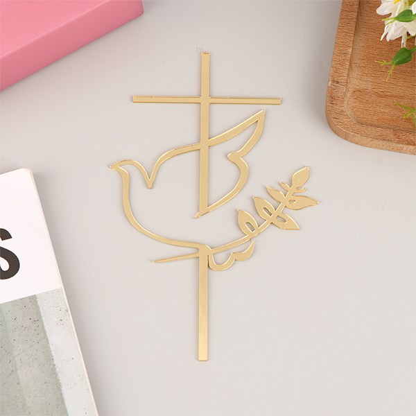 Dove Cross Topper Första Kommunion Minimalistisk Akryl Tårtinsats Gold