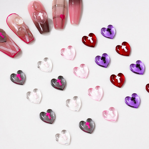 20 Stk Resin Clear Peach Heart Nail Accessories Cross Flad Ryg Purple