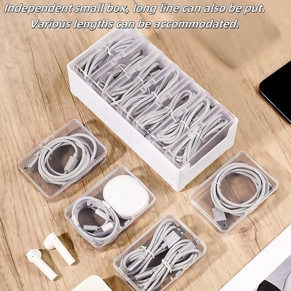 Gennemsigtig boks med flere rum til opbevaring af opladerkabler B White 12pcs