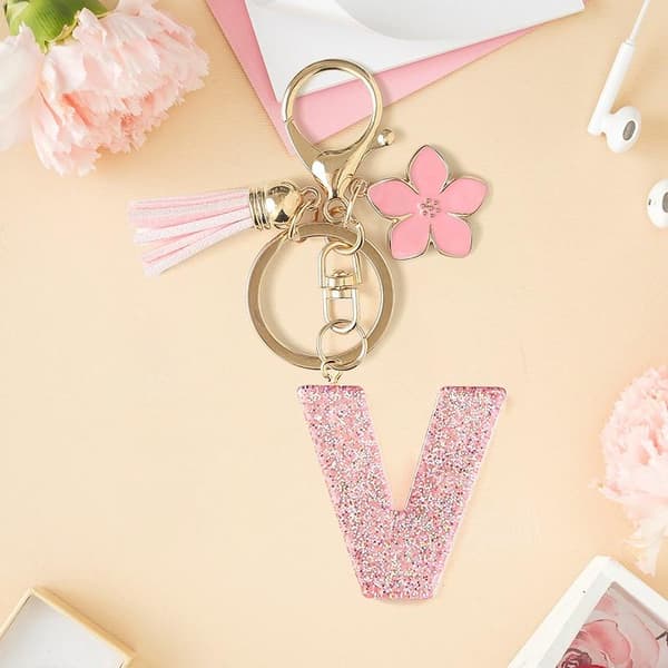 A-Z Glitter Pink Initial Bogstav Nøglering Blomster Kvast Bilnøgle A22