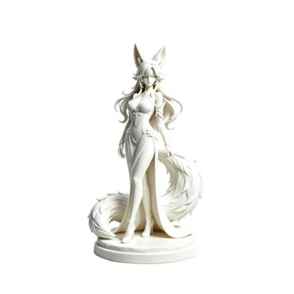 Elegant Kitsune-jente Ufarget PLA-skulptur Lang Fluffy Hale A1