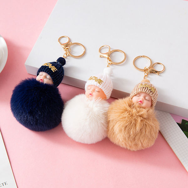 Sleeping Baby Avaimenperä ja Fluffy Pehmo Doll Avaimenperät Naisten Tytöt A8