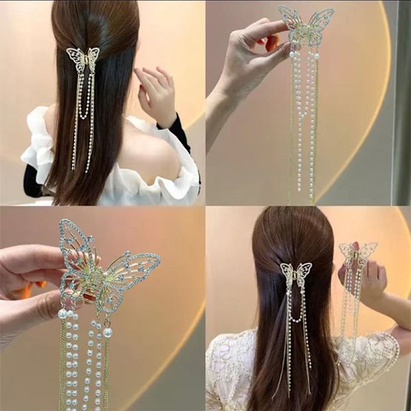 Ny Crystal Butterfly Pearl Tassel Hairpin n Simple Side Clip L C