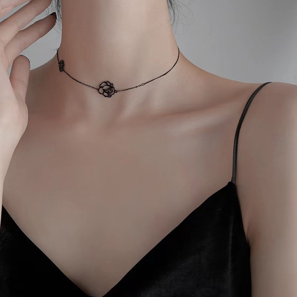 n Camellia Halsband Gothic Black Rose Kort Halsband Neck Chai