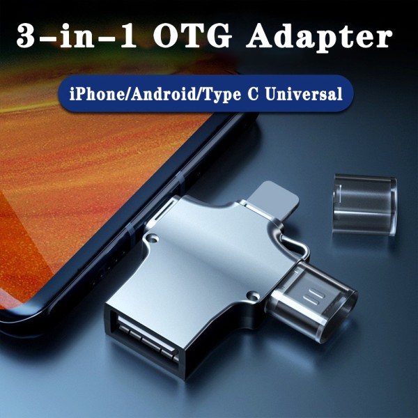 Kolme yhdessä OTG-sovitin Applen tyypin c Android-puhelimelle silver