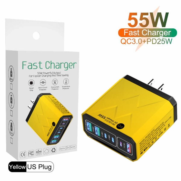 6 i 1 55W PD USB -laddare Snabbladdning Quick Charge 3.0 Travel US
