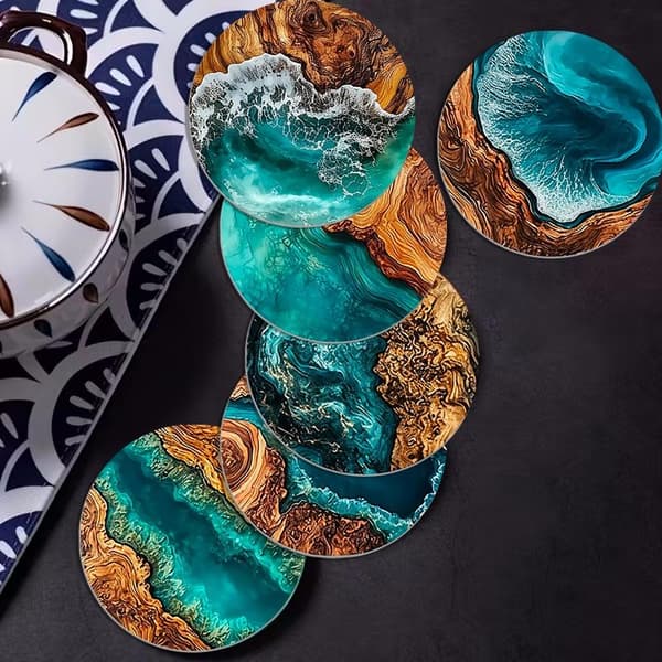6 stk. Ocean Wave & Trækorns Coasters Sæt Varmebestandig Drikke Blue