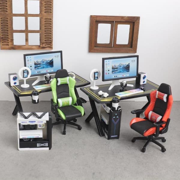 Mini Gaming Skrivbordsstol Set 1/12 Dockhus Datorbord Skärm Orange