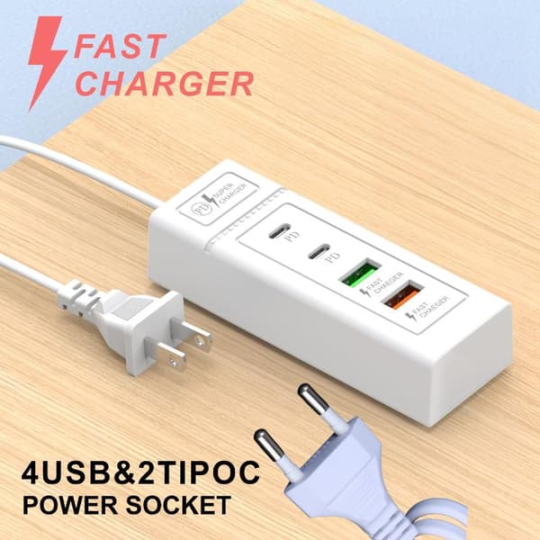 1 stk USB C-lader strømskinne med flere porter for rask lading 2PD 2USB EU