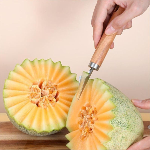 Vannmelonkutter i rustfritt stål med trehåndtak, multifunksjonell D