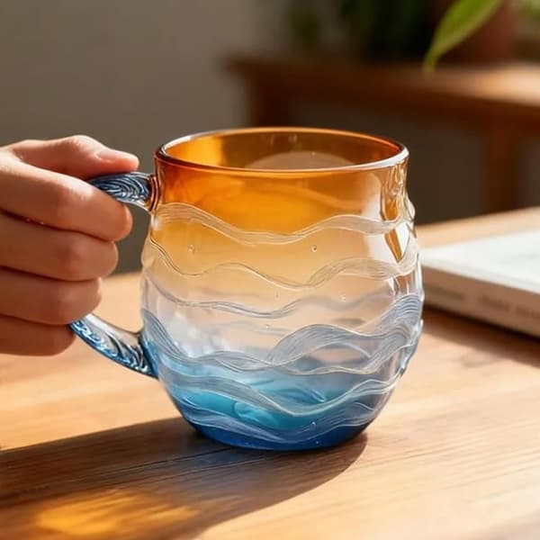 Havsglas Solnedgång Mugg Handblåst Havsvågsmönster Mugg Kopp Unik