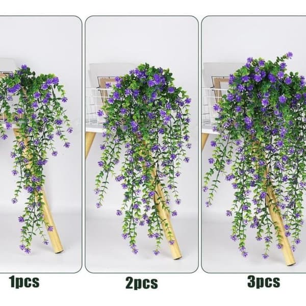 2 stk kunstige hengende blomster med eukalyptusblader grønnere A3