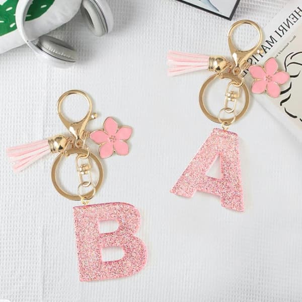 A-Ö Glitter Rosa Initial Bokstav Nyckelring Blommor Tofs Bilnyckel A20