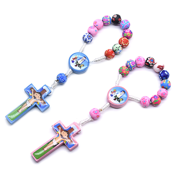 Farverige tegneserie børn perler kryds rosenkrans armbånd katolske hellige Blue