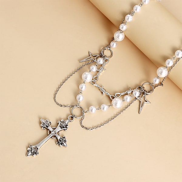 Vintage gotisk kors rosenkrans halskjede med kjede perle perler La A3