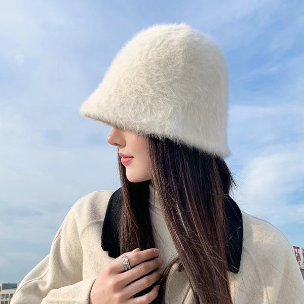 Hatt Vinter Dammode Hår Päls Hatt Bucket Cap Fisherman's White