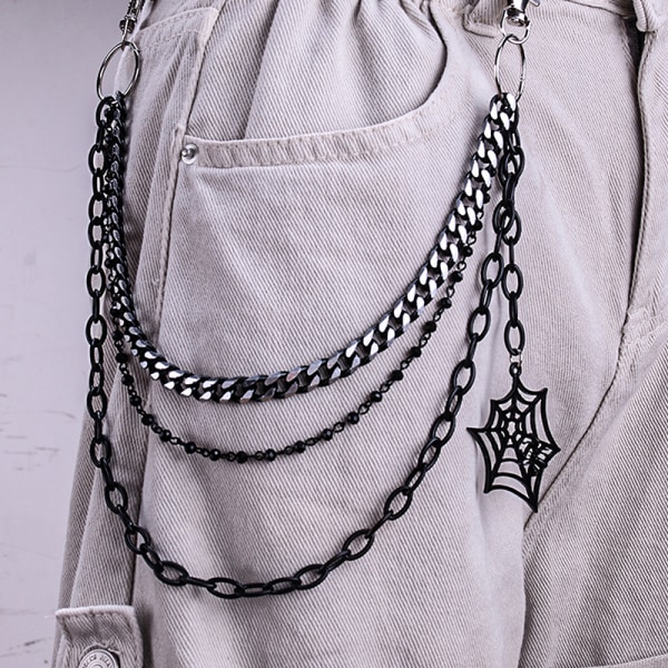 Fashion Punk Metal Pants Chain Hip Hop Spider Web Pendant jeans Black