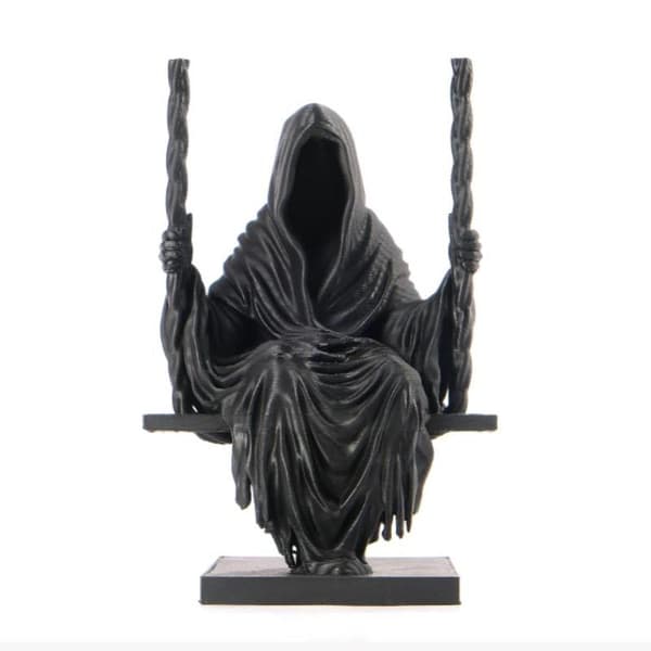 Svingende \"Grim Reaper\"-statue i harpiks, svart hette, miniatyrfigur A