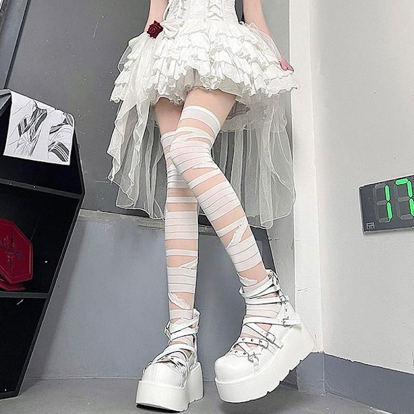 Kvinder Bandage Stripe Langstrømper Kvinde Lolita Jk Y2k Sexet White