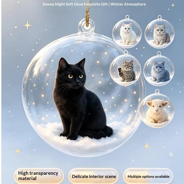 Klar akryl julepynt med kat, skinnende til juletræet A10