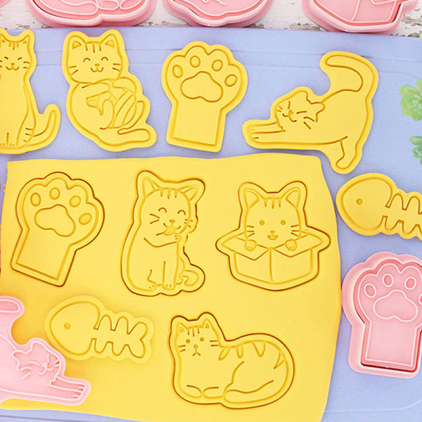 8st Katt Djur Cookie ters Mould Plast 3D Tecknad Pressbar