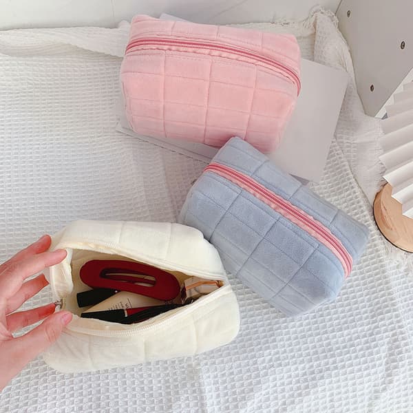 e Fur Makeup Bag För Kvinnor Dragkedja Stor Solid Färg Kosmetisk Ba Pink