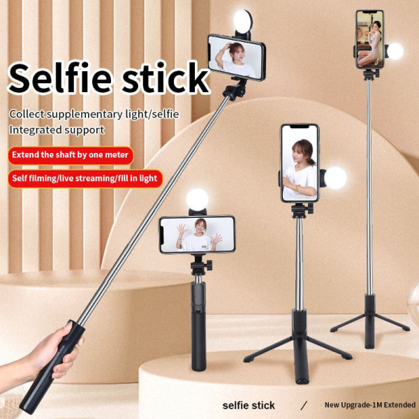 Trådløs Selfie Stick-stativstativ med lys Bluetooth-fjernbetjening Single lamp and BT