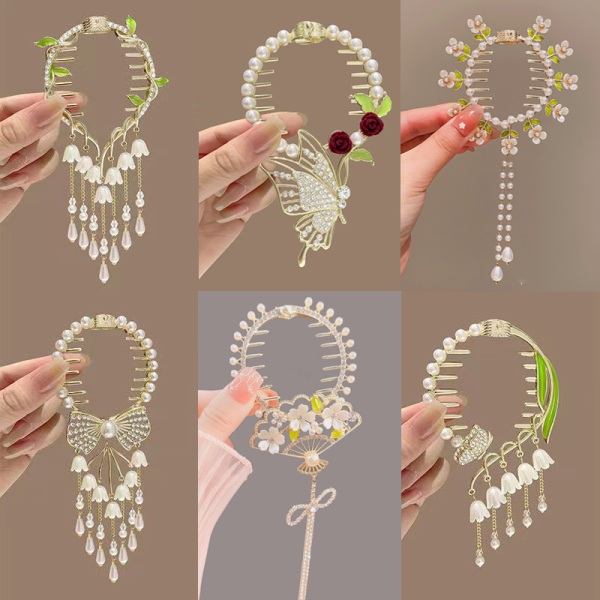 Elegant Flower Pearl tekojalokivi tupsu Pill Head Ponytail Buckl A4