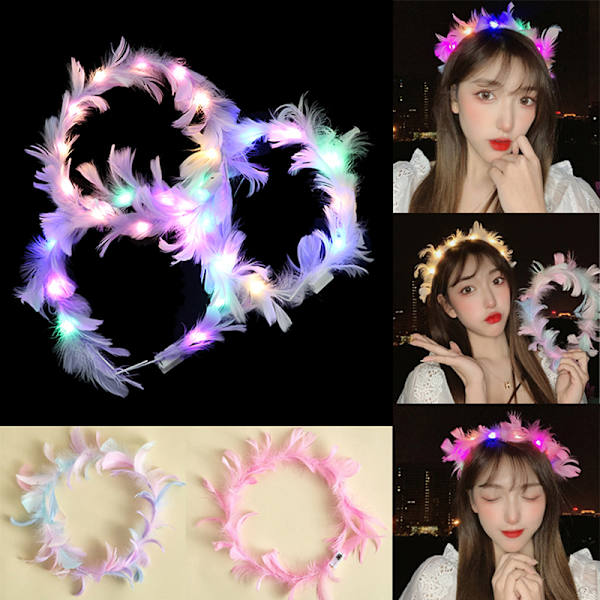 LED Feather Wreath Crown Light-Up Luminous Hodeplagg for jenter 7(warm light white)