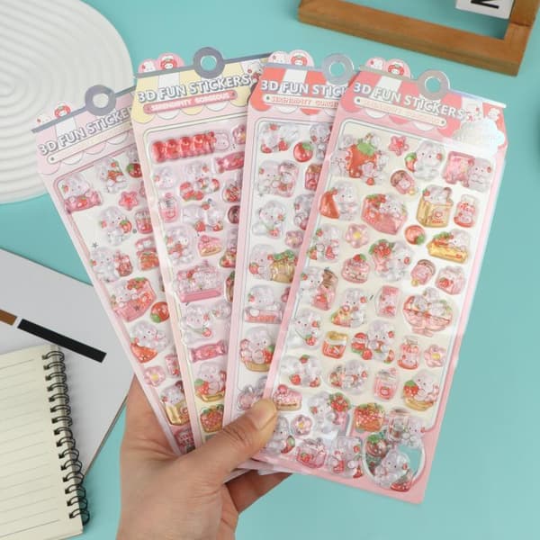2/4 stk. sjove Kawaii kaninprægede krystal 3D-klistermærker til notesbog A random 4pcs