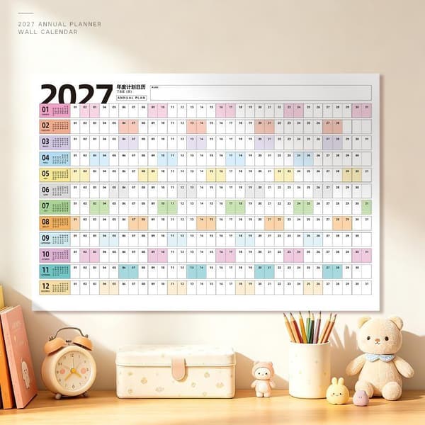 2027 Helårs veggkalender, tomme blokker, daglig planlegging A
