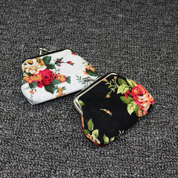 Fashion Rose Flower Canvas Møntpung e Flower Print Mini Taske C Black