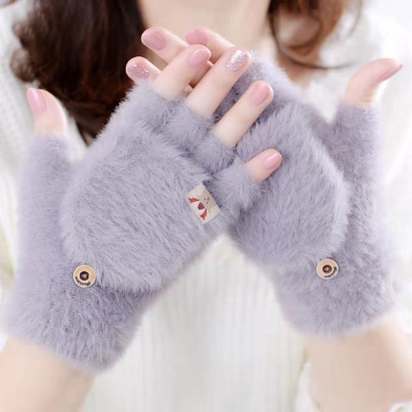Vinter kvinner Halvfinger flip-top hansker Student e Girl Cartoon Gray