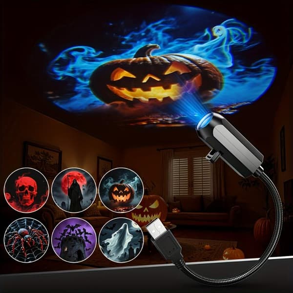 USB Halloween Projektorlys 6 Mønstre Roterbar Feststemning A1 1Set