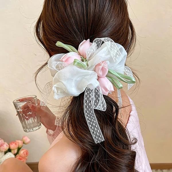 Hårscrunchies til kvinder, tulipaner, sød, blid blonde, alsidig elastik Pink