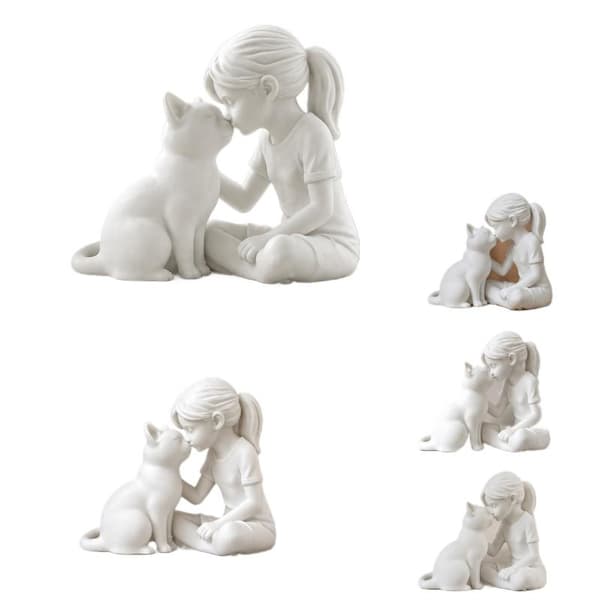 Flicka och katt hartsstaty Mini dekorativ figur skrivbordsprydnad White