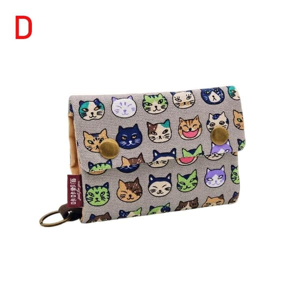 Canvas Tecknad Katt Tryckt Unisex Trefaldig Kort Plånbok Pengar Nyckel A